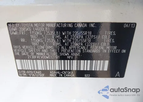 2013 Toyota Rav4 Limited from USA, damaged, VIN 2T3DFREV0DW032781